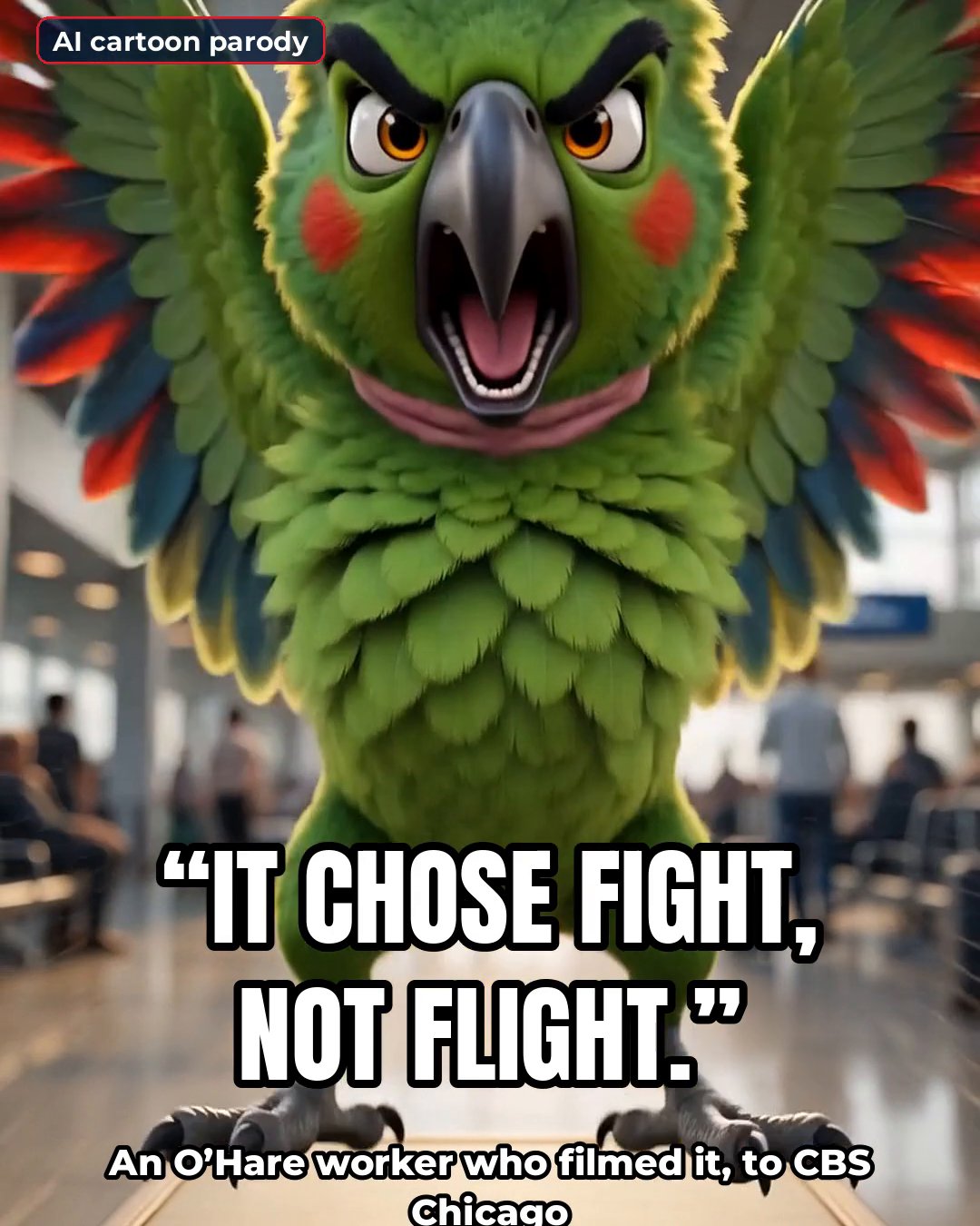 AI cartoon parody frame: a feisty green cartoon parrot spreads its wings and squawks on top of a suitcase in a cartoon airport. On-screen text reads: It chose fight, not flight.